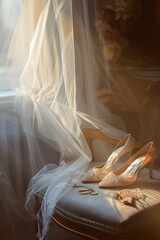 Wedding veil and shoes with golden light..Wedding Photography.AI Generated. - obrazy, fototapety, plakaty