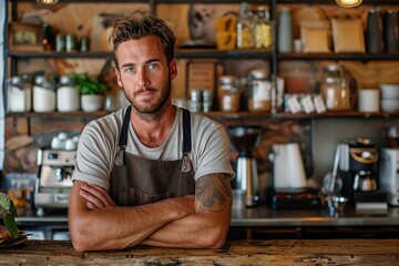 Male business owner behind the counter of a coffee shop with crossed arms, looking at camera, Generative AI