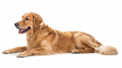 Detailed portrait of a Golden Retriever dog sitting on the floor, isolated on white