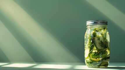 mason jar with pickles and herbs on pastel green background with copy space, sun rays, soft shadows - obrazy, fototapety, plakaty