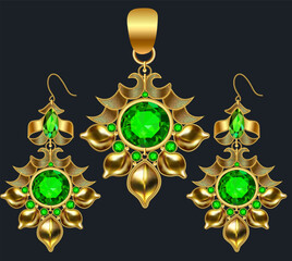Illustration of a set of gold jewelry pendant and earrings, with precious stones