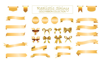 Realistic shiny gold ribbon banner collection and badge ribbon elements