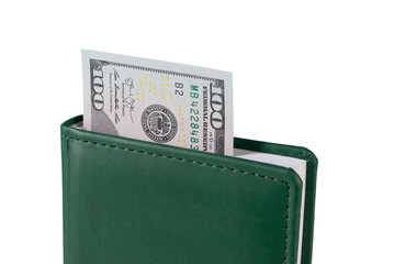 one hundred American dollar banknote bookmark in green book on transparent background