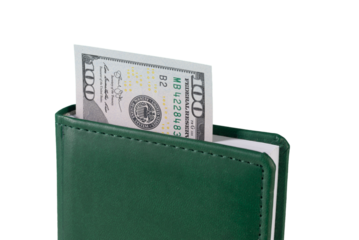 one hundred American dollar banknote bookmark in green book on transparent background