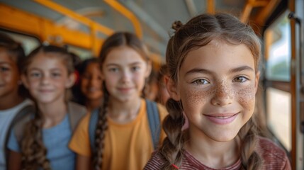 A group of adorable students traveling on a bus and smiling at the camera.