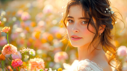 A Beautiful Bride's Wedding, in a close-up, looking over her shoulder with a subtle, soft gaze. Her dark hair is styled in loose curls, in a floral garden 