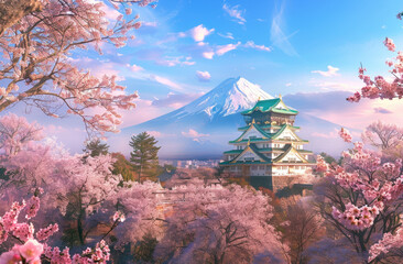 Japanese castle, cherry blossoms in full bloom, mountain peak backdrop, blue and green hues of the...