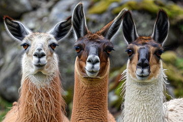 Fototapeta premium Three llamas standing next to each other, one is brown and the other two are white. The scene is playful and whimsical