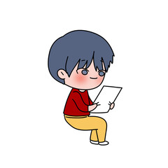 A boy is sitting on a chair and reading a piece of paper. He has a smile on his face and he is enjoying himself