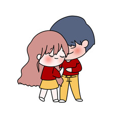 A couple of cartoon characters are hugging each other. The girl is wearing a red shirt and yellow skirt