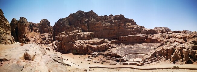 Roman Theater of Ancient Petra in the ancient city of Petra, Jordan. Aerial view of the theater....