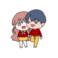 A cartoon drawing of a boy and girl holding hands. The girl is wearing a red shirt and yellow skirt. Scene is happy and playful