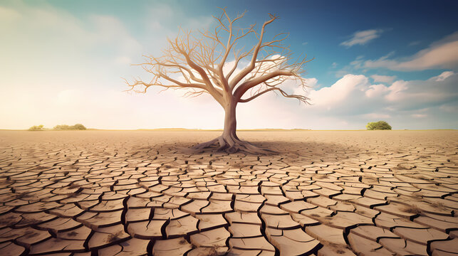 Minimalistic design tree on ground cracked by drought and global warming © xuan