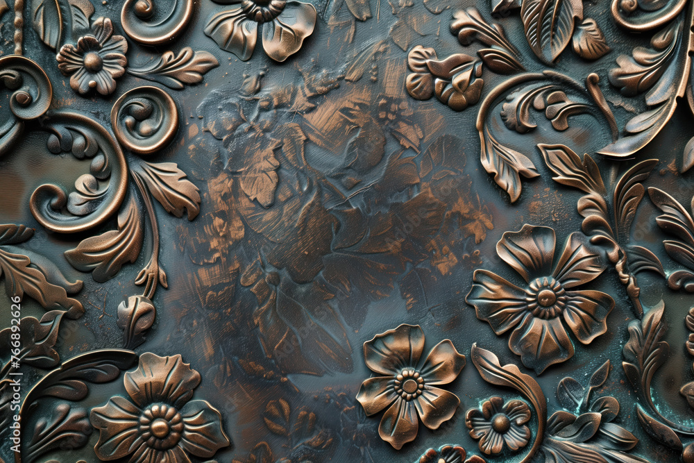 Poster oxidized bronze antique floral pattern art background image. created with generative ai technology.