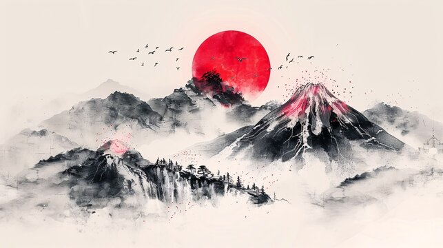 Traditional Japanese sumi-e style ink drawing of mountains and a red sun with hieroglyphs representing wellness, freedom, nature, and joy.