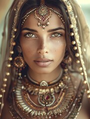 A stunning Indian woman with intricate body art and traditional jewelry wearing a lehenga choli.