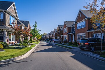 A suburban neighborhood with red brick homes.