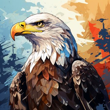 A graffiti illustration of a majestic bald eagle perched on a tree branch