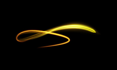 Magic neon yellow swirl trail on black background. 3D vector.
