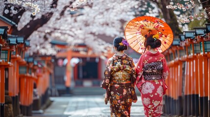 During peak cherry blossom season, Japanese ladies in traditional Yukata attire walk near  Shrine. - 766893653