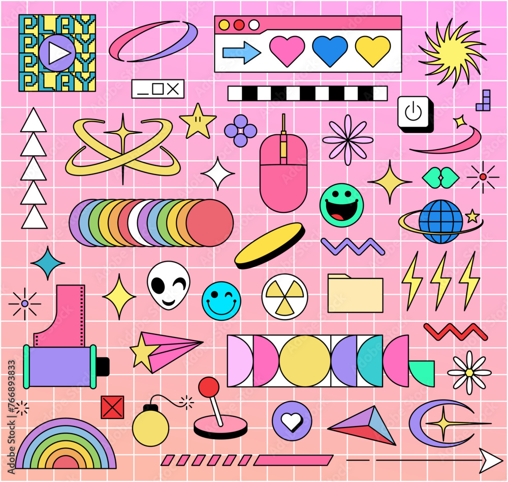 Poster trendy retro elements set. fun y2k style graphic elements bundle in trendy retro 90s cartoon style. 