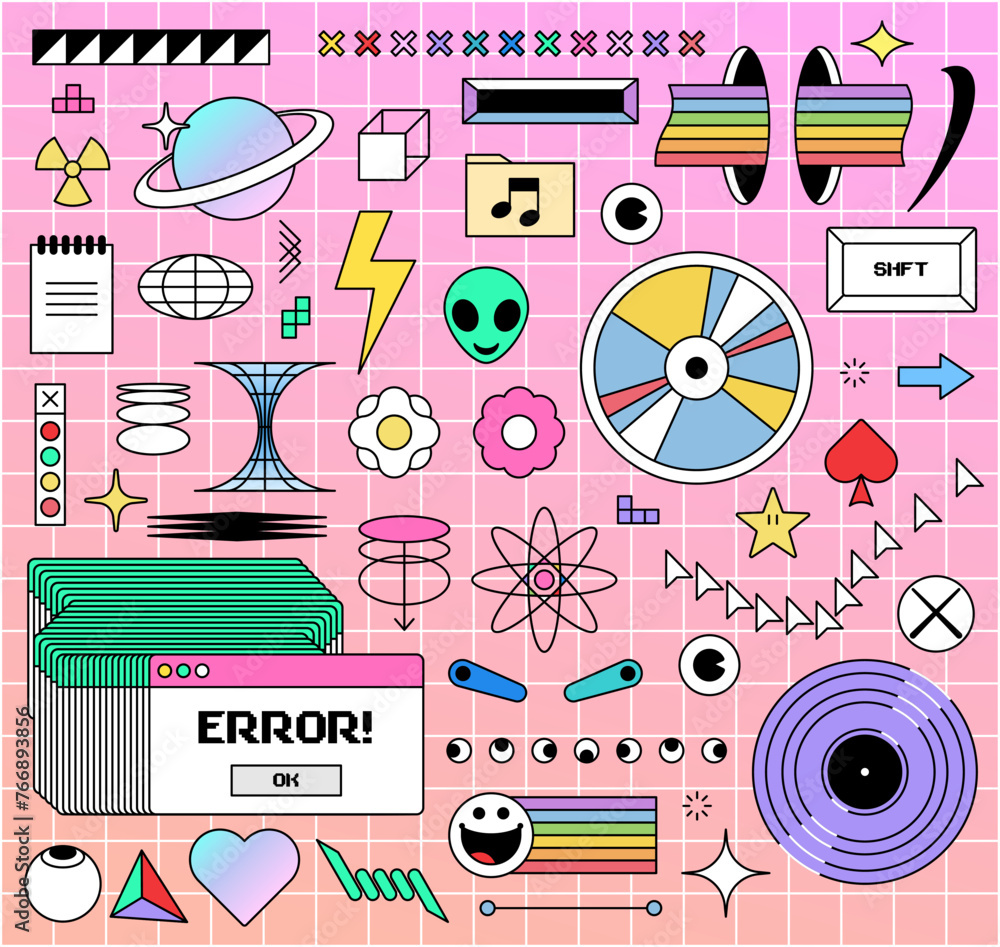 Poster trendy retro elements set. fun y2k style graphic elements bundle in trendy retro 90s cartoon style. 