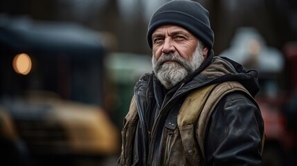 Fototapeta premium Senior junkyard worker inspecting scrap metal with copy space for sale or recycling