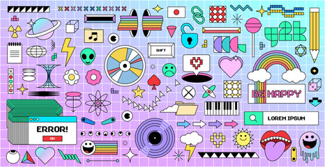 Big set of trendy retro elements. Fun y2k style graphic elements bundle in trendy retro 90s cartoon style. Flat abstract retro shapes pack for poster design. Vector illustration