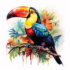 The toucan should be depicted with bold colors and a large, colorful beak, evoking the exotic beauty of the rainforest - obrazy, fototapety, plakaty