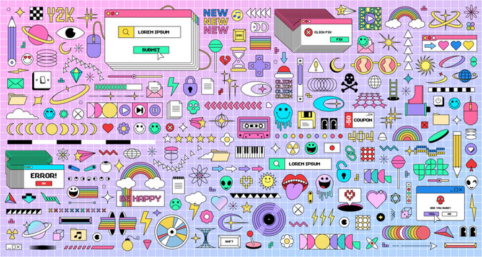 Mega set of trendy retro elements. Fun y2k style graphic elements bundle in trendy retro 90s cartoon style. Flat abstract retro shapes pack for poster design. Vector illustration