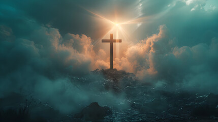 Holy cross symbolizing the death and resurrection of Jesus Christ with the sky over Golgotha Hill shrouded in light and clouds, depicting an apocalyptic concept. - obrazy, fototapety, plakaty