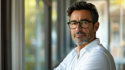 Fototapeta premium Handsome 45 years old gentle brown hair hispanic man, wearing glasses, formal slick hairstyle, smooth face in a modern office building, wearing white shirt, beside a huge window