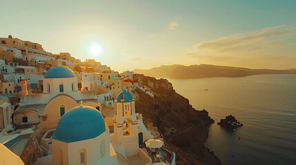 View of Oia at sunset, a small town with whitewashed houses on Santorini Island, Cyclades islands archipelagos, Aegean Sea, Greece. Generative AI illustration 