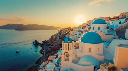 View of Oia at sunset, a small town with whitewashed houses on Santorini Island, Cyclades islands archipelagos, Aegean Sea, Greece. Generative AI illustration  - obrazy, fototapety, plakaty