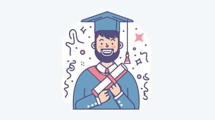 Line art of man happy graduate with diploma flat vector