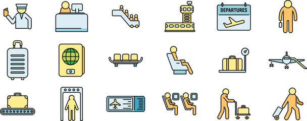 Airline passengers icons set outline vector. People case. Fly plane thin line color flat isolated
