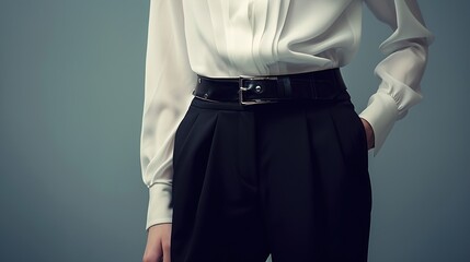 A UHD close-up of a sleek and minimalistic outfit featuring a crisp white blouse tucked into high-waisted black trousers, accessorized with a statement belt and pointed-toe flats.