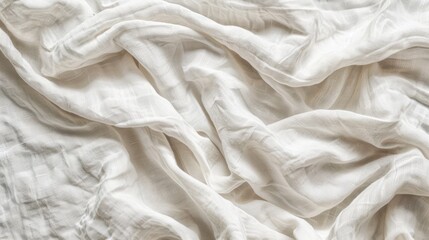 White crumpled linen fabric texture background.