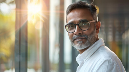 Handsome 45 years old gentle Indian man, wearing glasses, formal slick hairstyle, smooth face in a modern office building, wearing white shirt, beside a huge window - obrazy, fototapety, plakaty