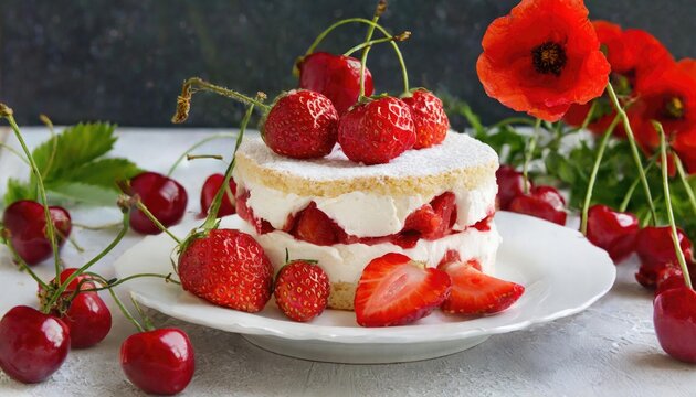 Strawberry Shortcake with Poppies on White Plate