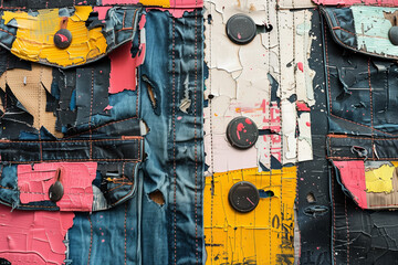 Colorful abstract denim art piece with buttons.