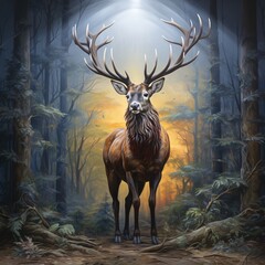 Street art graffiti mural of a majestic stag standing proudly amidst a forest