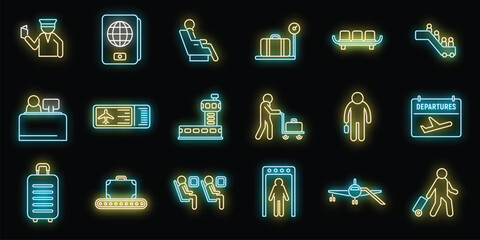 Airline passengers icons set outline vector. People case. Fly plane neon color on black