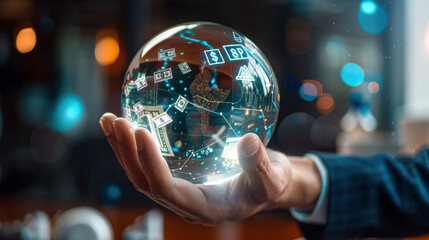 Businessman's Hand Holding Crystal Globe with Floating Currency Symbols - obrazy, fototapety, plakaty