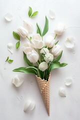 White tulips and flowers arranged in an ice cream cone, Generated AI.