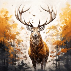 Street art graffiti illustration of a majestic stag standing amidst a forest of autumn trees against a white wall