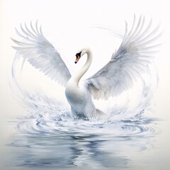 Craft a street art graffiti illustration of a graceful swan gliding across a tranquil lake against a white wall