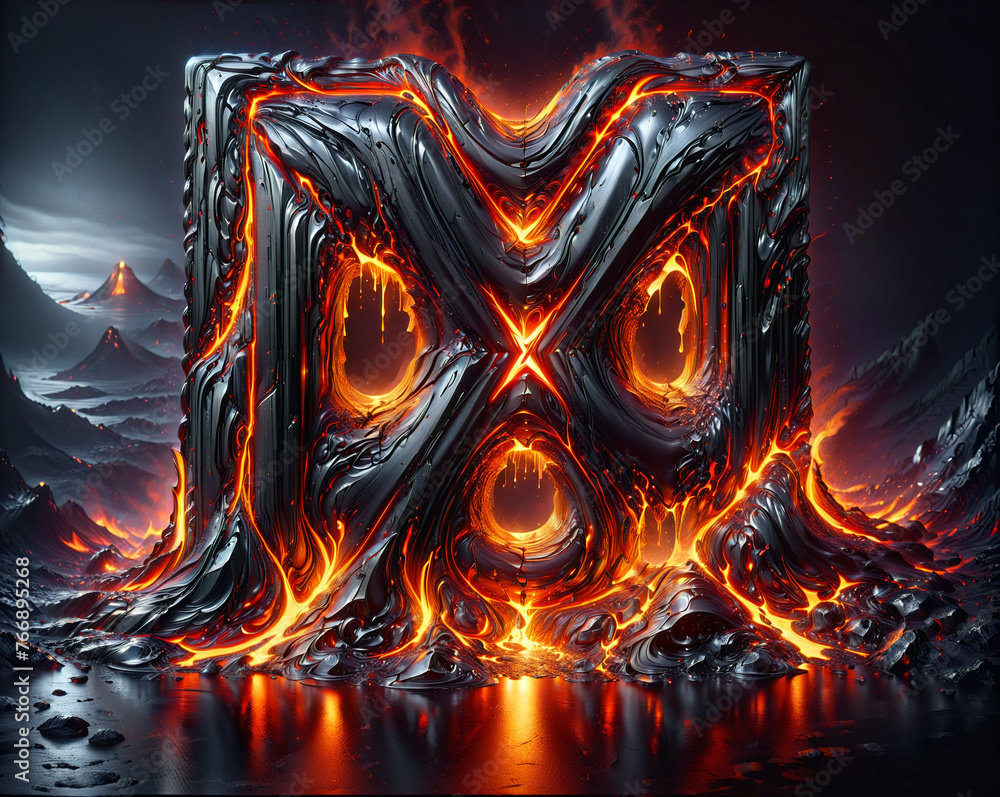 Poster metal rectangle with x frame made of molten metal and lava on fire abstraction. generative ai