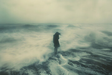 A blurred lonely figure of a woman walking near the ocean. Cinematic blur art photography style illustration. Concept art of loneliness, for a poster, for music album or book cover