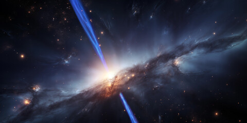 Quasar présentant un puissant jet bipolaire de plasma émis par un trou noir supermassif actif caché en son centre - obrazy, fototapety, plakaty